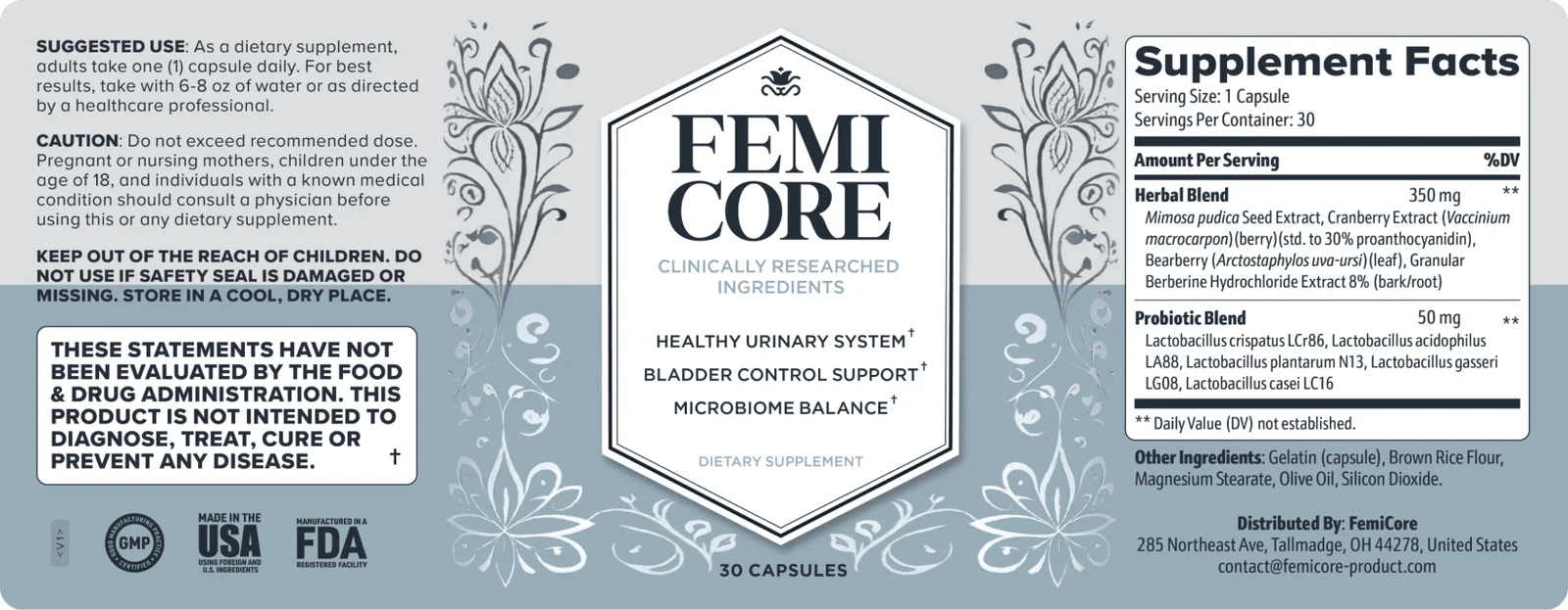 Femicore ingredients certificate 